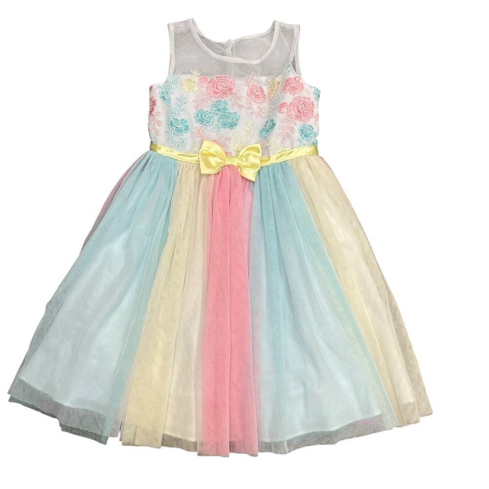 Jona Michelle 6 Pastel Floral Embroidered Sleeveless Dress with Yellow Bow
